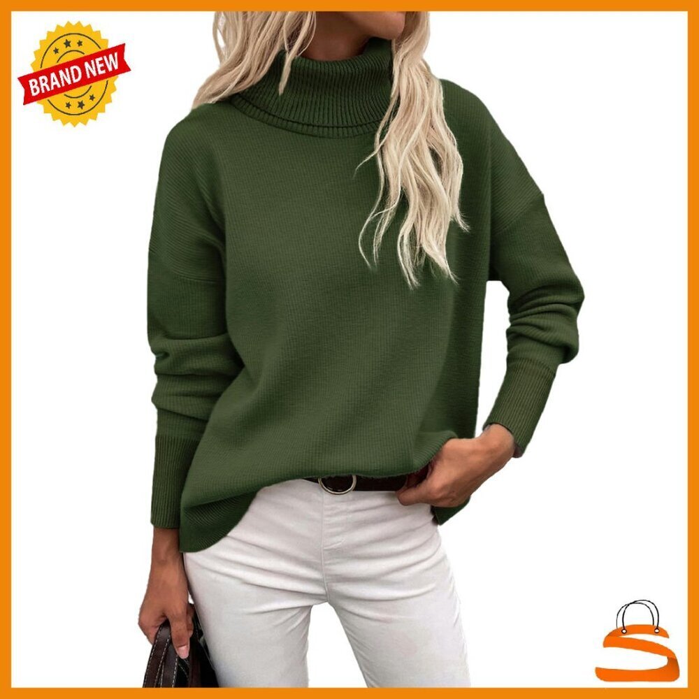 Chunky Knit Turtleneck Sweater Oversized High Low Hem Pullover